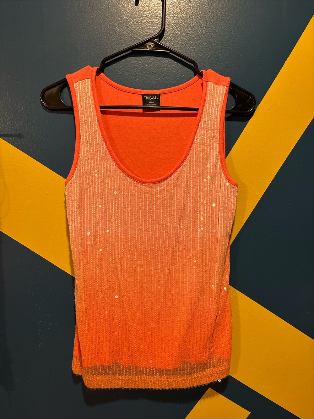 Tribal Hot Coral Ombre Sequin Scoop Neck Tank Top NWOT